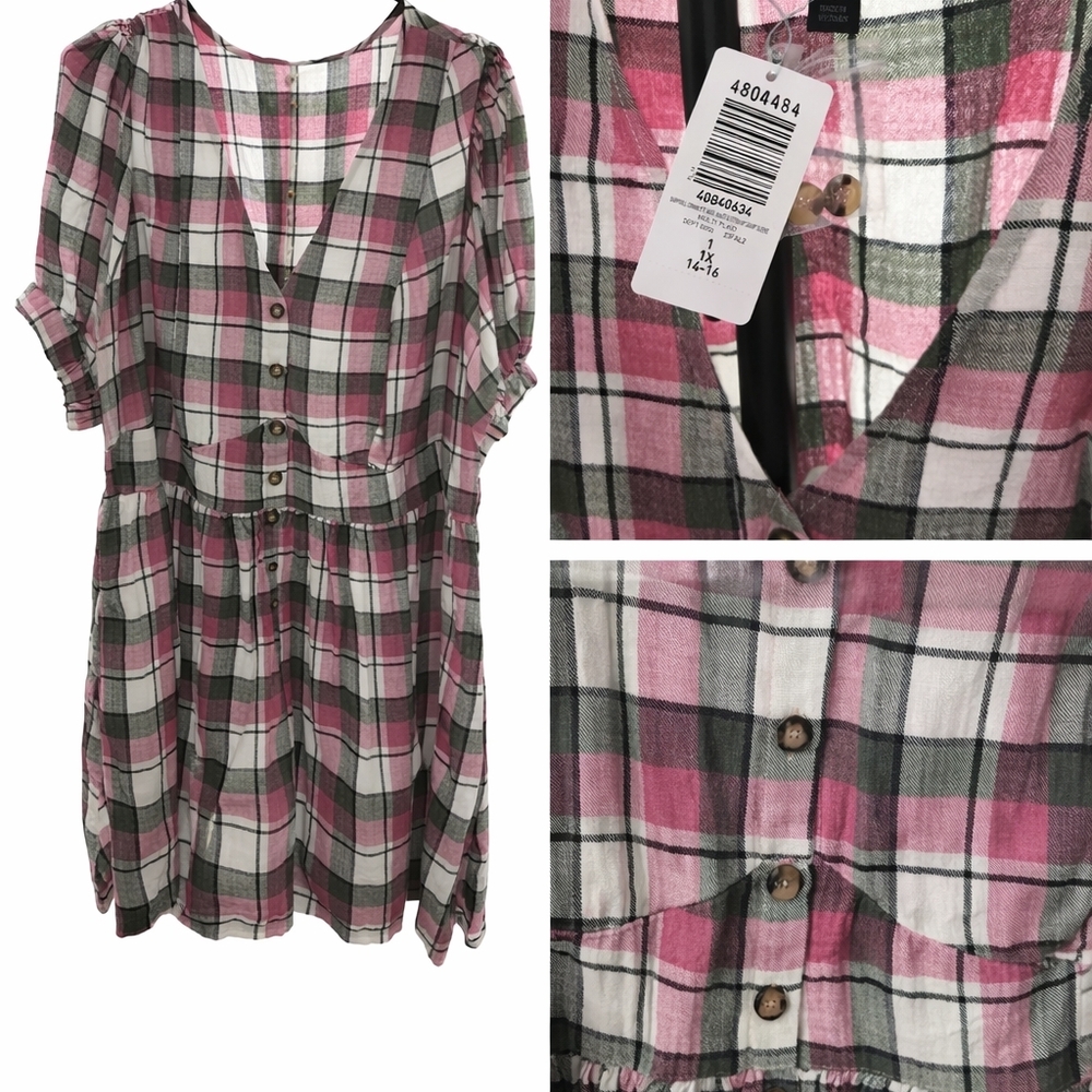 Torrid Pink and Grey Plaid Button-Down Shirt